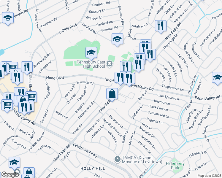 map of restaurants, bars, coffee shops, grocery stores, and more near 510 Warwick Circle in Fairless Hills