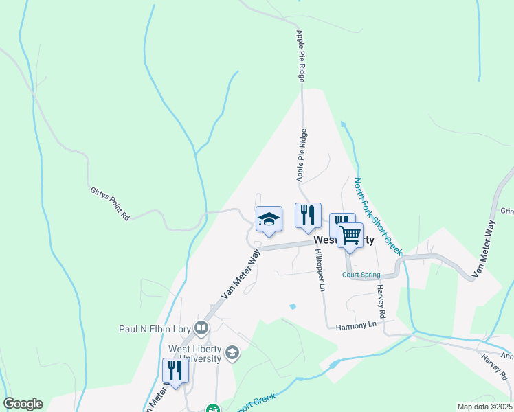 map of restaurants, bars, coffee shops, grocery stores, and more near 4307 Girtys Point Road in West Liberty