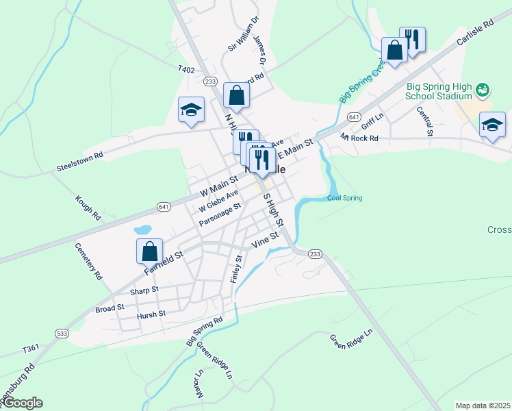 map of restaurants, bars, coffee shops, grocery stores, and more near 20 West Big Spring Avenue in Newville