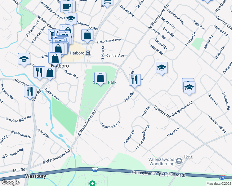 map of restaurants, bars, coffee shops, grocery stores, and more near 325 South Warminster Road in Hatboro