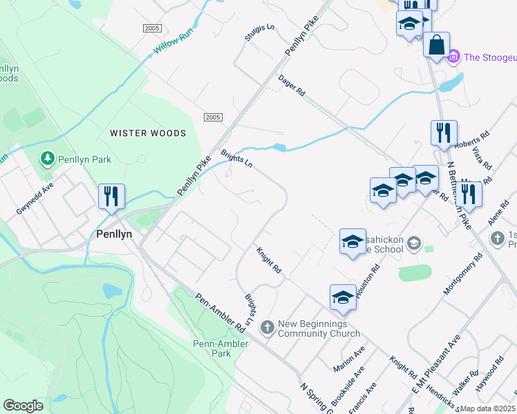 map of restaurants, bars, coffee shops, grocery stores, and more near 514 Penllyn Pike in Blue Bell