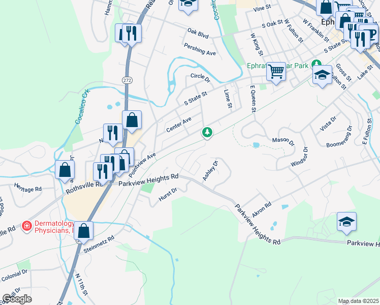map of restaurants, bars, coffee shops, grocery stores, and more near 807 Wisteria Drive in Ephrata