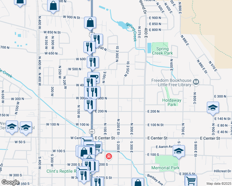 map of restaurants, bars, coffee shops, grocery stores, and more near 355 North 200 East Street in Springville