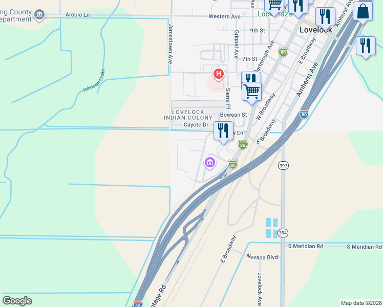 map of restaurants, bars, coffee shops, grocery stores, and more near 145 Oak Circle in Lovelock