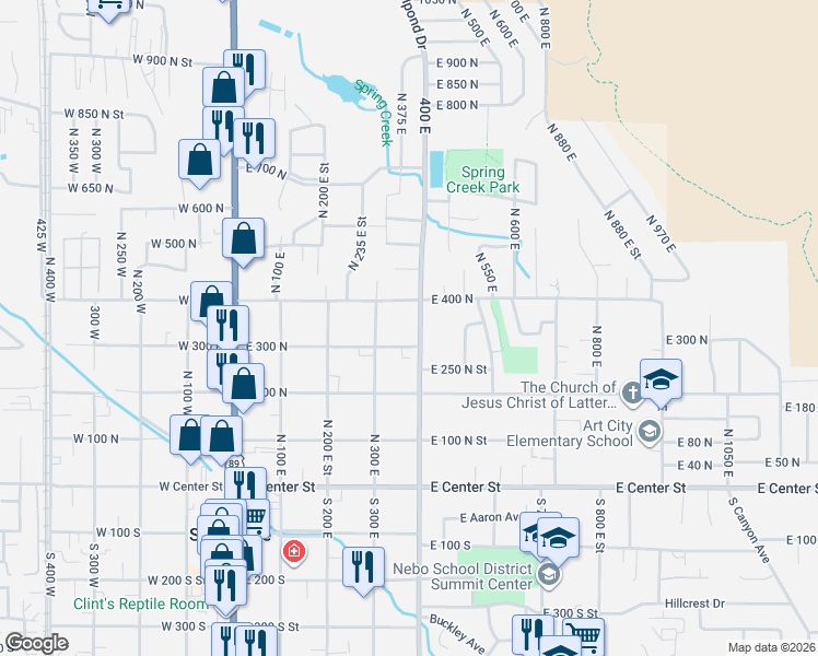 map of restaurants, bars, coffee shops, grocery stores, and more near 355 North 400 East in Springville
