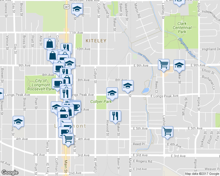 map of restaurants, bars, coffee shops, grocery stores, and more near 706 Atwood Street in Longmont