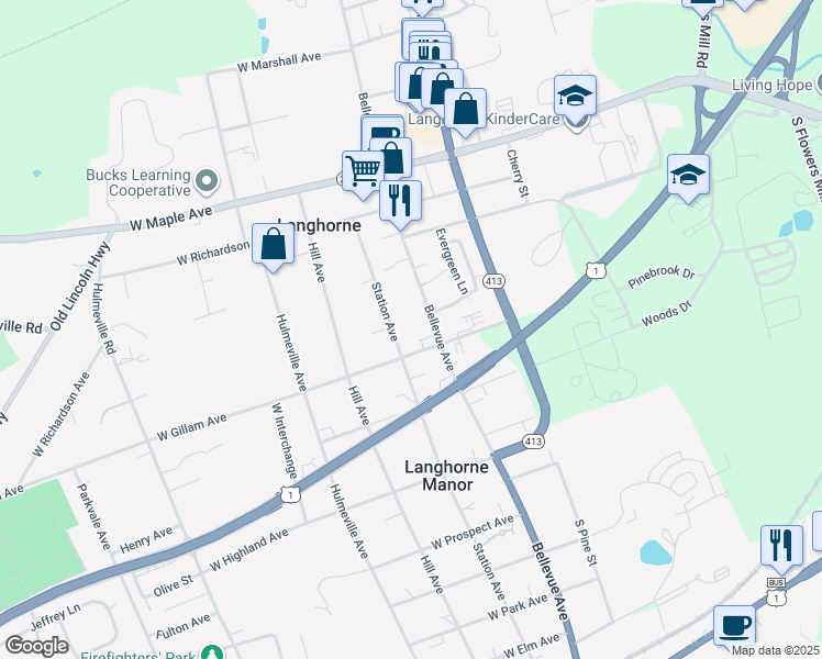 map of restaurants, bars, coffee shops, grocery stores, and more near 373 Station Avenue in Langhorne