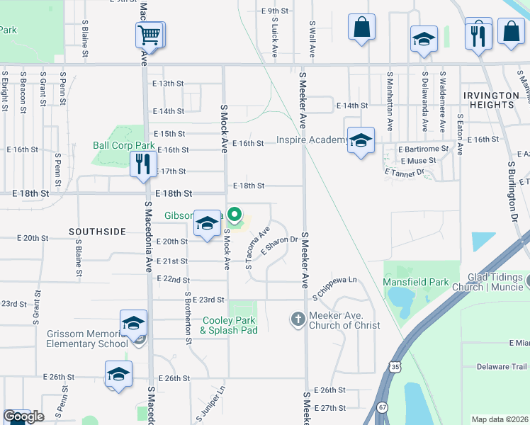 map of restaurants, bars, coffee shops, grocery stores, and more near 2603 South Tacoma Avenue in Muncie