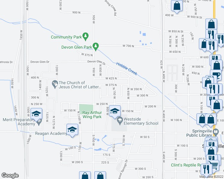 map of restaurants, bars, coffee shops, grocery stores, and more near 341 North 750 West in Springville