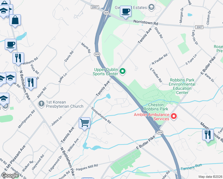 map of restaurants, bars, coffee shops, grocery stores, and more near 3004 Shawnee Green in Ambler