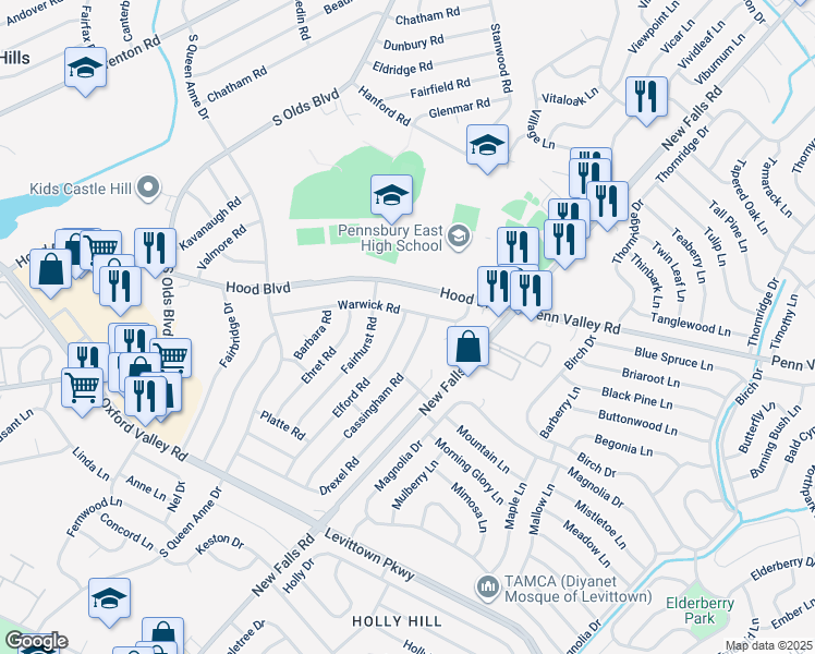 map of restaurants, bars, coffee shops, grocery stores, and more near 500 Elford Road in Fairless Hills