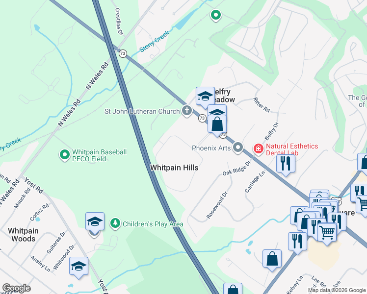 map of restaurants, bars, coffee shops, grocery stores, and more near 409 Whitpain Hills in Blue Bell