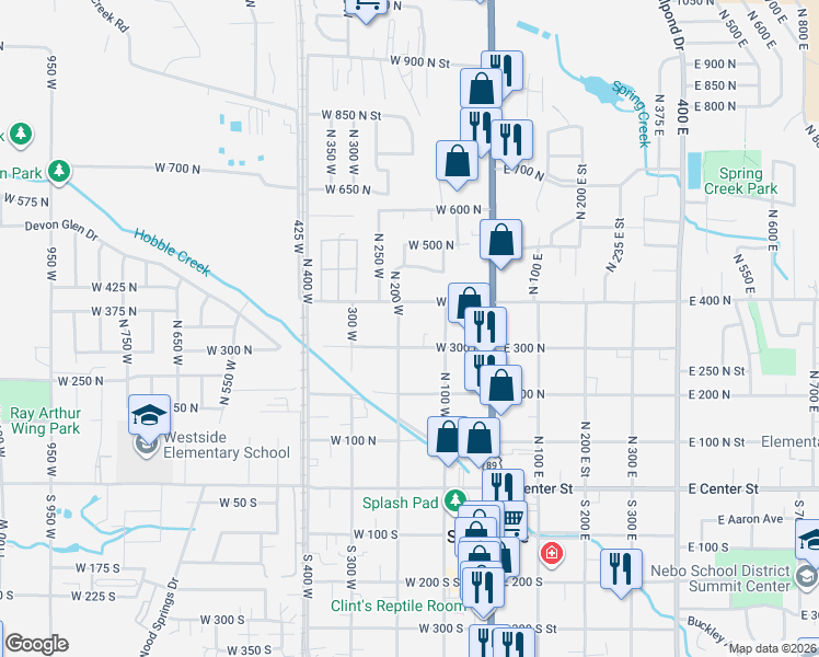 map of restaurants, bars, coffee shops, grocery stores, and more near 340 North 200 West in Springville