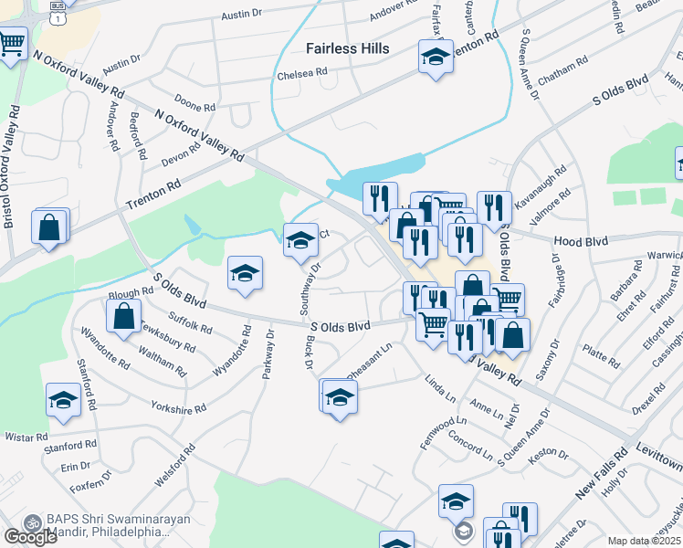 map of restaurants, bars, coffee shops, grocery stores, and more near 114 Winfield Court in Fairless Hills