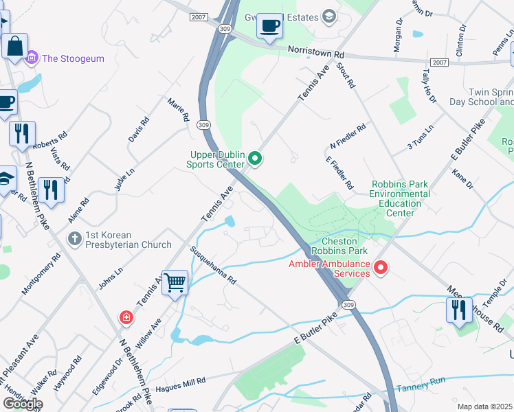 map of restaurants, bars, coffee shops, grocery stores, and more near 2800 Navajo Path in Ambler