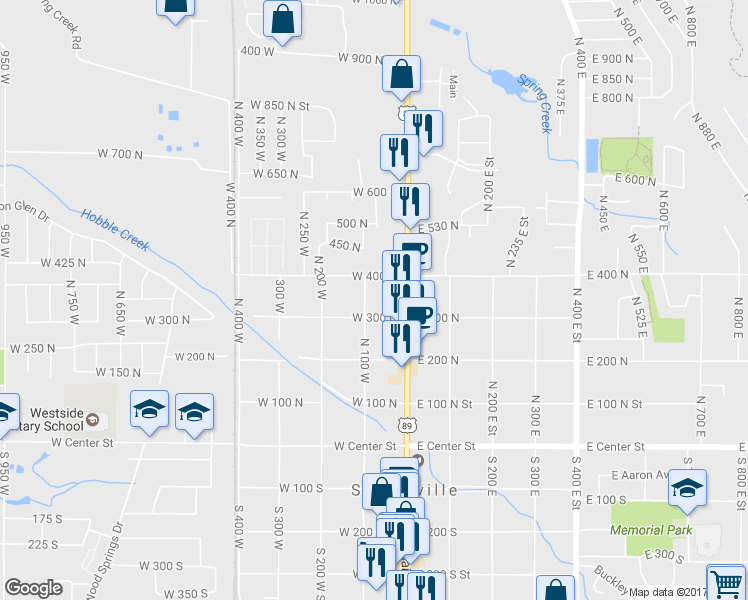 map of restaurants, bars, coffee shops, grocery stores, and more near 348 North 100 West Street in Springville