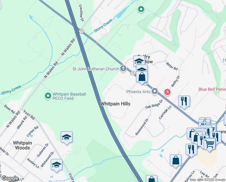 map of restaurants, bars, coffee shops, grocery stores, and more near 513 Whitpain Hills in Blue Bell