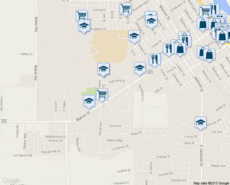 map of restaurants, bars, coffee shops, grocery stores, and more near 1530 Walnut Street in Red Bluff