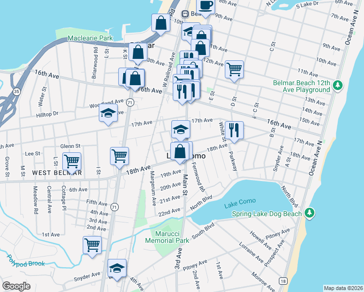 map of restaurants, bars, coffee shops, grocery stores, and more near 1762 Belmont Avenue in Belmar