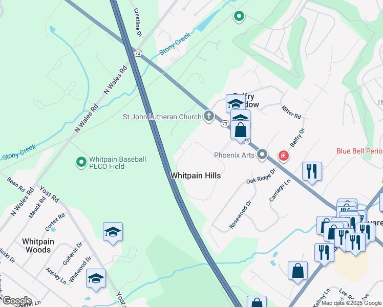map of restaurants, bars, coffee shops, grocery stores, and more near 513 Whitpain Hills in Blue Bell