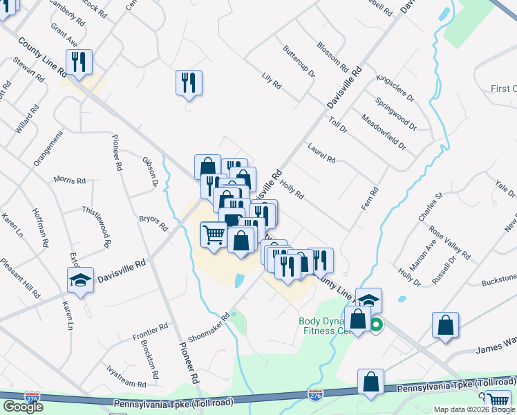 map of restaurants, bars, coffee shops, grocery stores, and more near 25 Davisville Road in Southampton