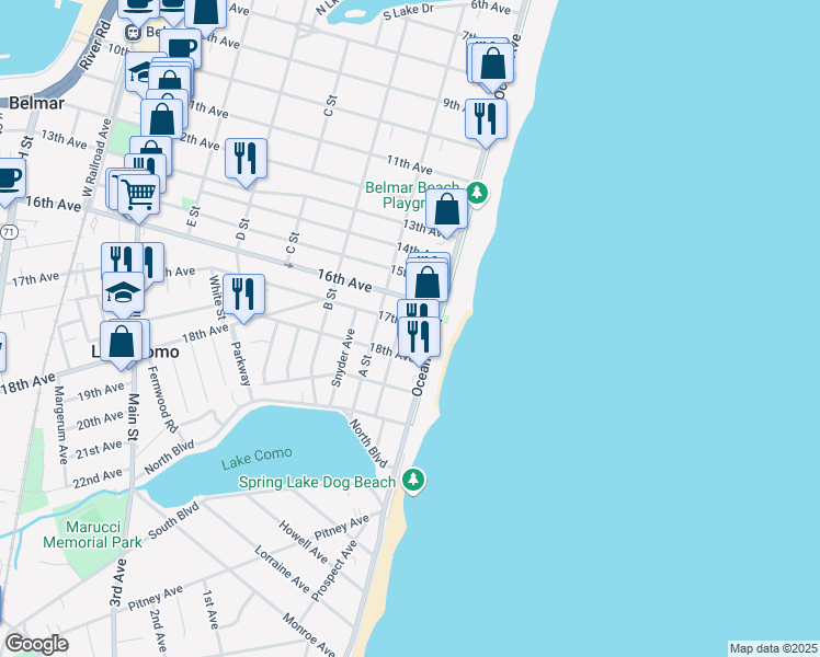map of restaurants, bars, coffee shops, grocery stores, and more near 105 17th Avenue in Belmar