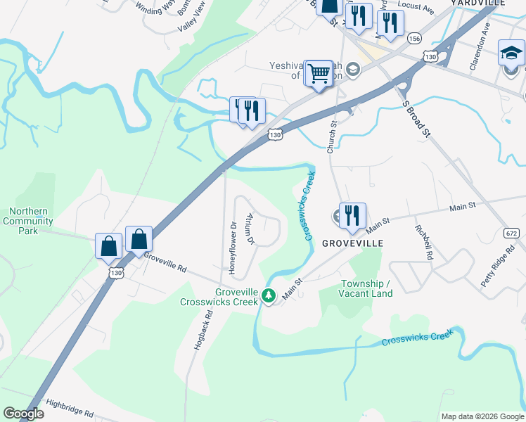 map of restaurants, bars, coffee shops, grocery stores, and more near 65 Honeyflower Drive in Trenton