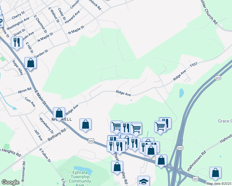 map of restaurants, bars, coffee shops, grocery stores, and more near 133 Ridge Avenue in Ephrata