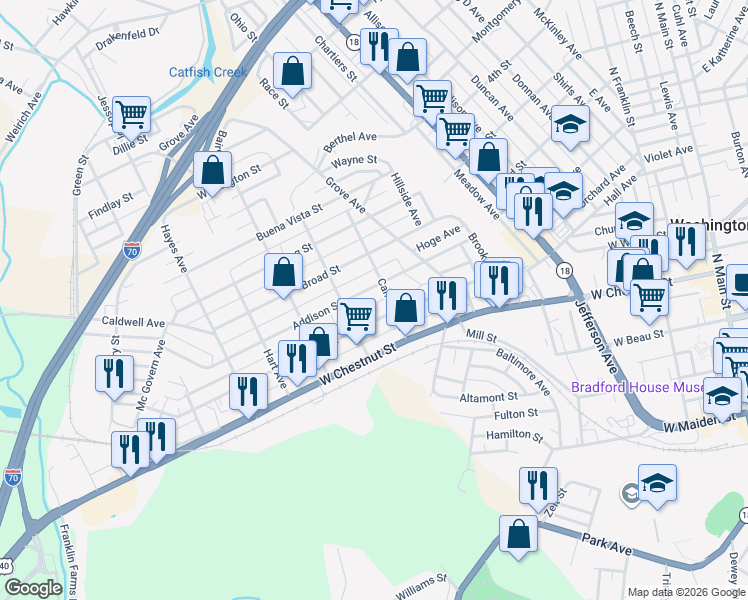 map of restaurants, bars, coffee shops, grocery stores, and more near 6222 Catfish Avenue in Washington