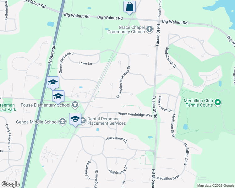 map of restaurants, bars, coffee shops, grocery stores, and more near 5608 Covington Meadows Drive in Westerville