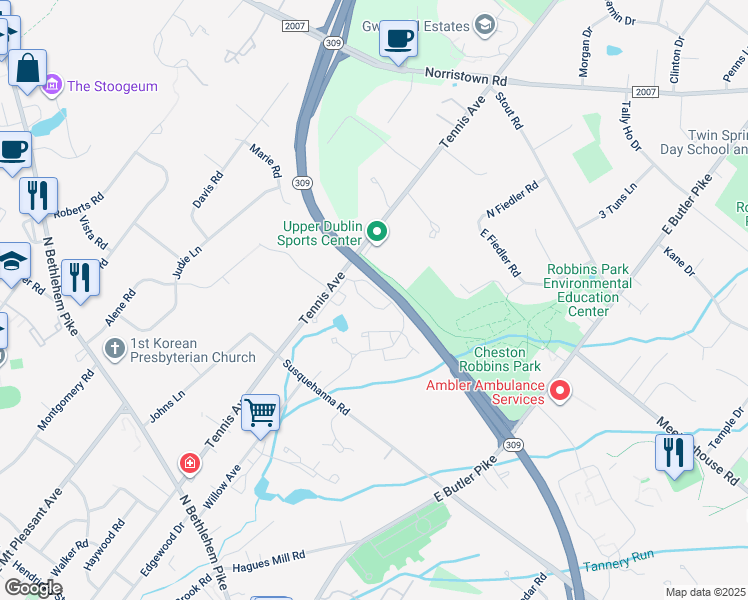 map of restaurants, bars, coffee shops, grocery stores, and more near 2705 Navajo Path in Ambler