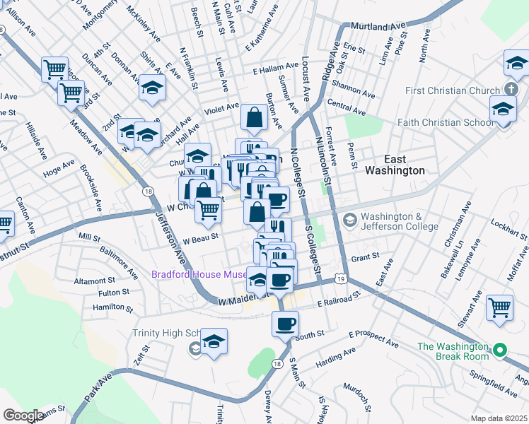 map of restaurants, bars, coffee shops, grocery stores, and more near 38 North Main Street in Washington
