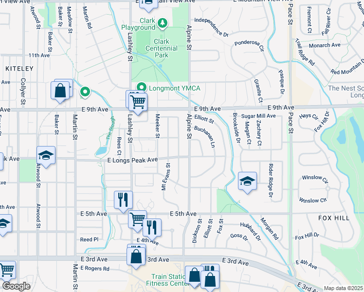 map of restaurants, bars, coffee shops, grocery stores, and more near 720 Hilltop Street in Longmont