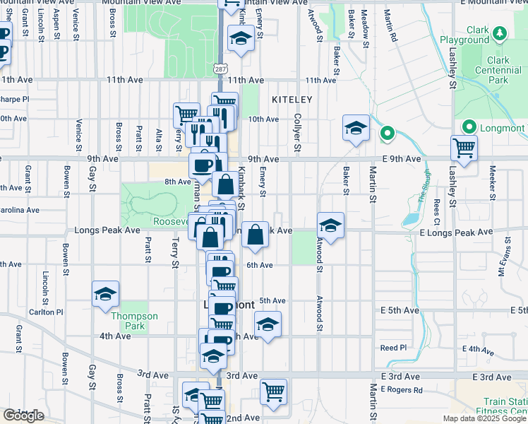 map of restaurants, bars, coffee shops, grocery stores, and more near 722 Kimbark Street in Longmont