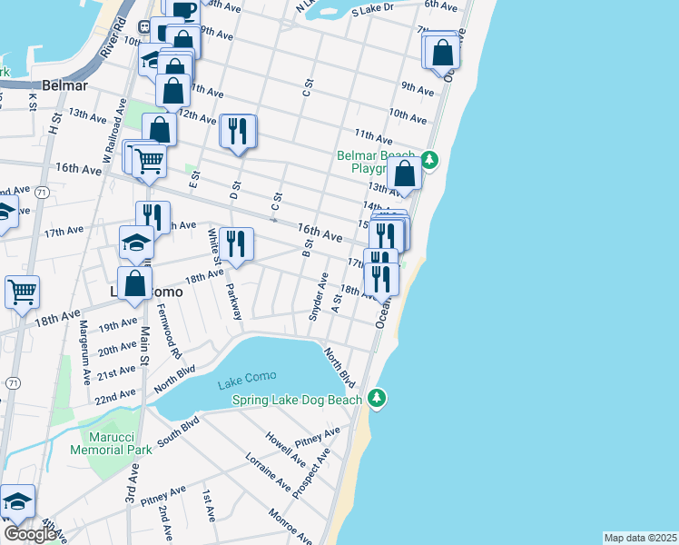 map of restaurants, bars, coffee shops, grocery stores, and more near 1710 Snyder Avenue in Belmar