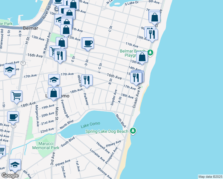 map of restaurants, bars, coffee shops, grocery stores, and more near 1710 Snyder Avenue in Belmar