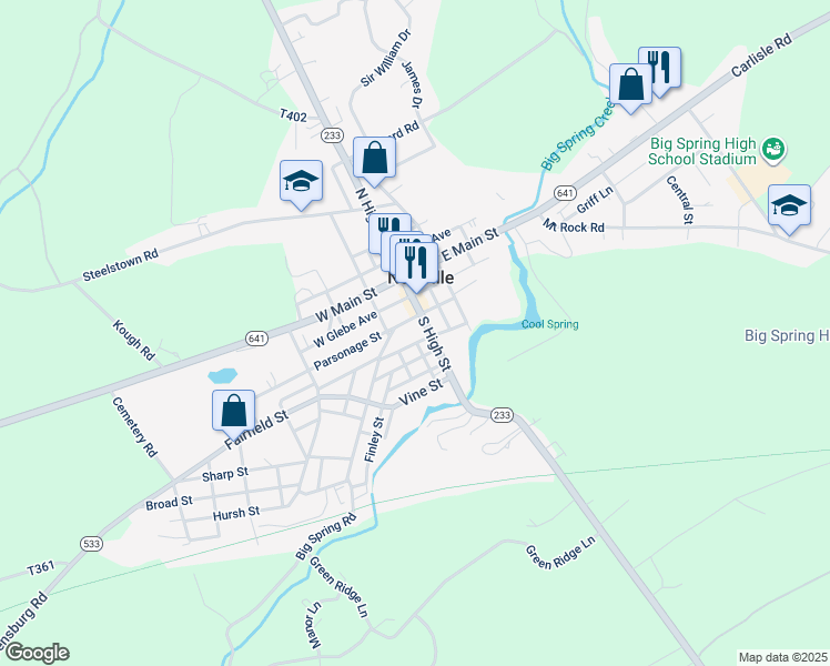 map of restaurants, bars, coffee shops, grocery stores, and more near 58 South High Street in Newville