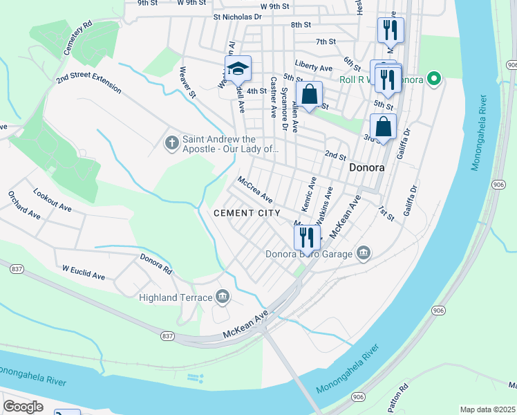 map of restaurants, bars, coffee shops, grocery stores, and more near 702 Walnut Street in Donora