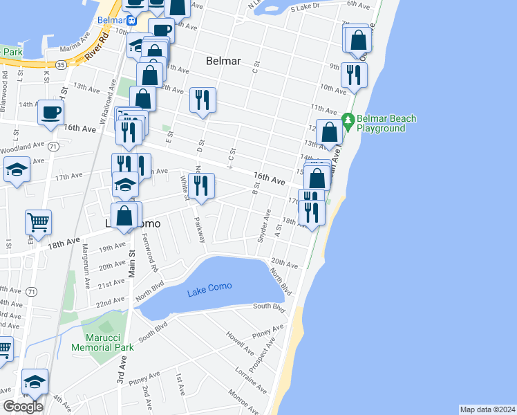 map of restaurants, bars, coffee shops, grocery stores, and more near 216 18th Avenue in Belmar