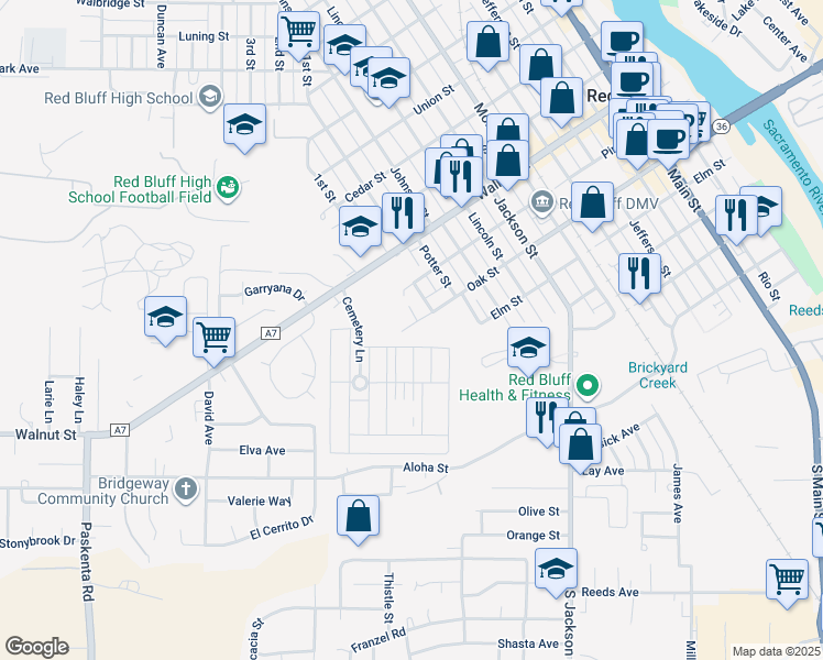 map of restaurants, bars, coffee shops, grocery stores, and more near 1245 Oak St in Red Bluff