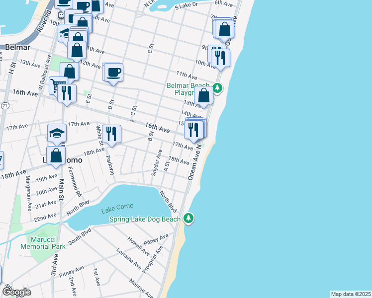 map of restaurants, bars, coffee shops, grocery stores, and more near 115 17th Avenue in Belmar