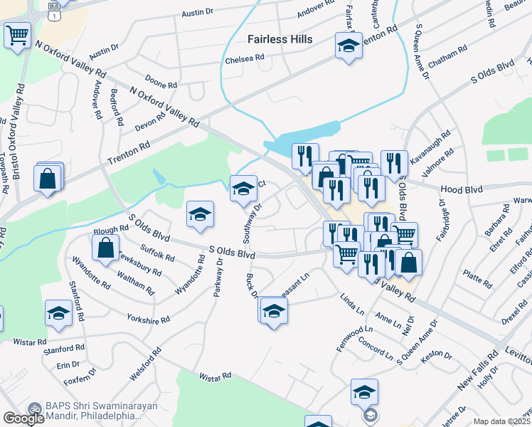 map of restaurants, bars, coffee shops, grocery stores, and more near 114 Winfield Court in Fairless Hills