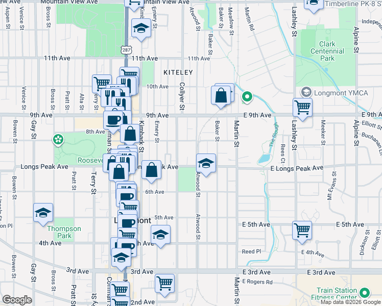 map of restaurants, bars, coffee shops, grocery stores, and more near 724 Collyer Street in Longmont