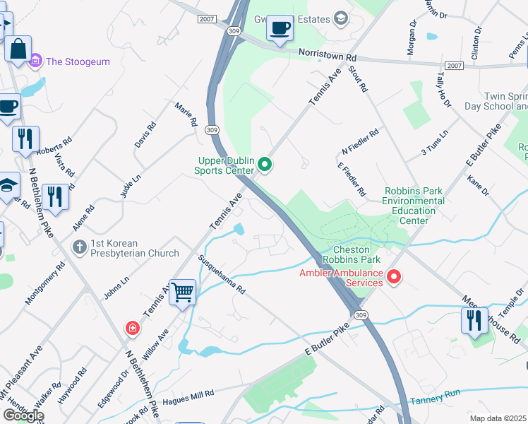 map of restaurants, bars, coffee shops, grocery stores, and more near 2705 Navajo Path in Ambler