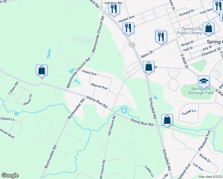 map of restaurants, bars, coffee shops, grocery stores, and more near 9 Marcel Avenue in Spring City