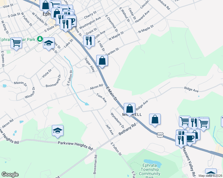 map of restaurants, bars, coffee shops, grocery stores, and more near 614 East Main Street in Ephrata