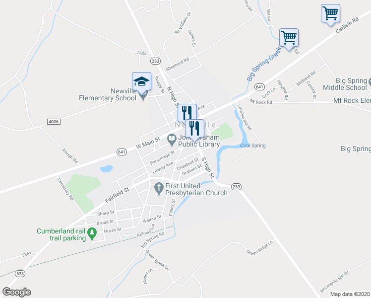 map of restaurants, bars, coffee shops, grocery stores, and more near 22 West Big Spring Avenue in Newville