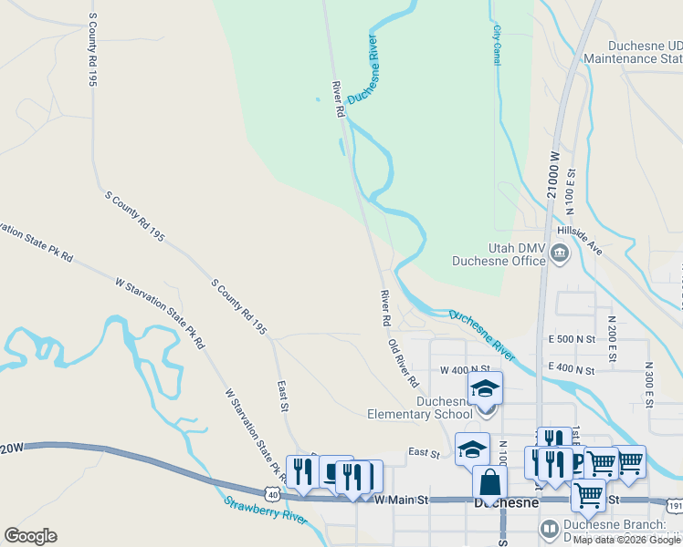 map of restaurants, bars, coffee shops, grocery stores, and more near 8796 River Road in Duchesne