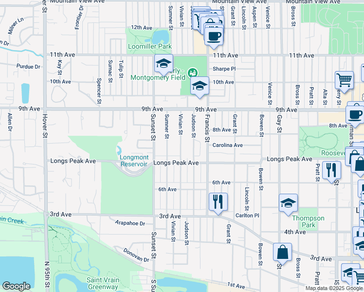 map of restaurants, bars, coffee shops, grocery stores, and more near 730 Vivian Street in Longmont