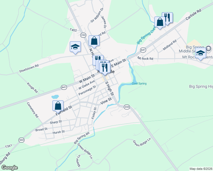 map of restaurants, bars, coffee shops, grocery stores, and more near 58 South High Street in Newville